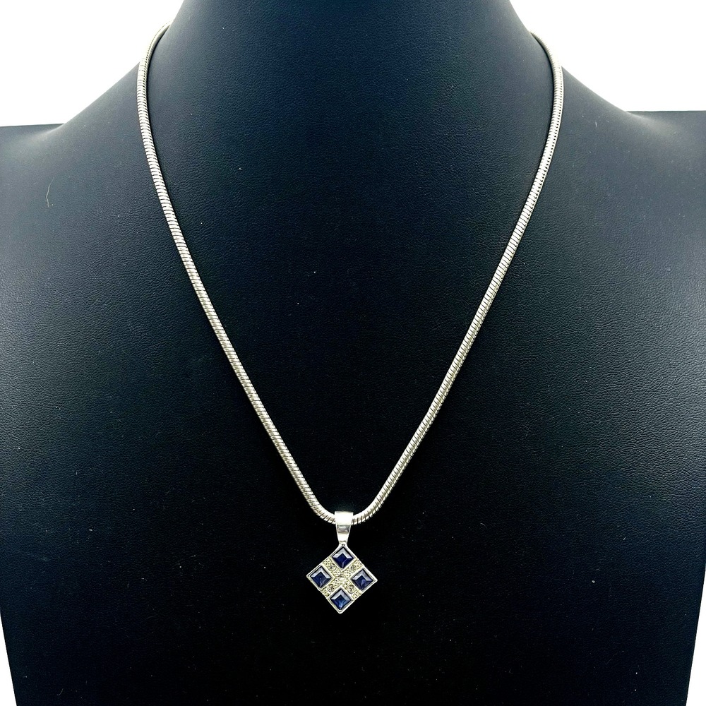 Vintage Roman Signed Necklace Gold Tone Clear Rhinestone Diamond Shape Pendant
